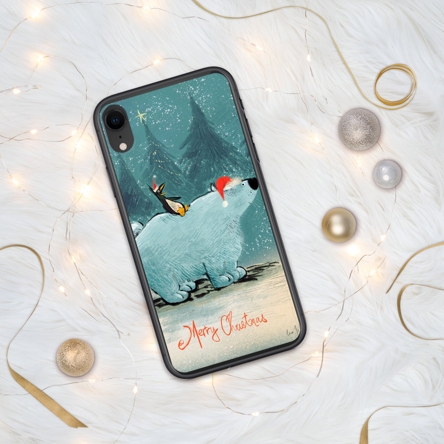 "Polar Bear and Penguin Clear iPhone® Case - Hand-Drawn by Leo Matsuda | Festive Christmas Phone Case"