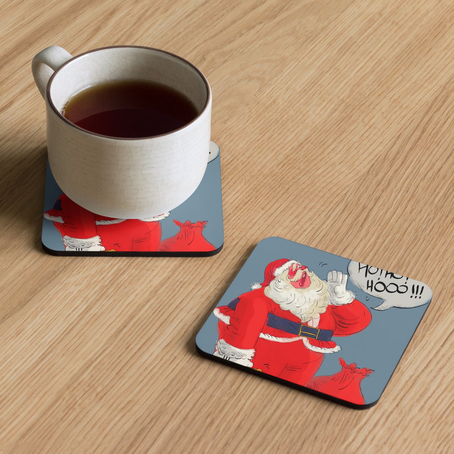 "Santa Christmas Cork-Back Coaster - Hand-Drawn by Leo Matsuda | Festive Holiday Table Decor"