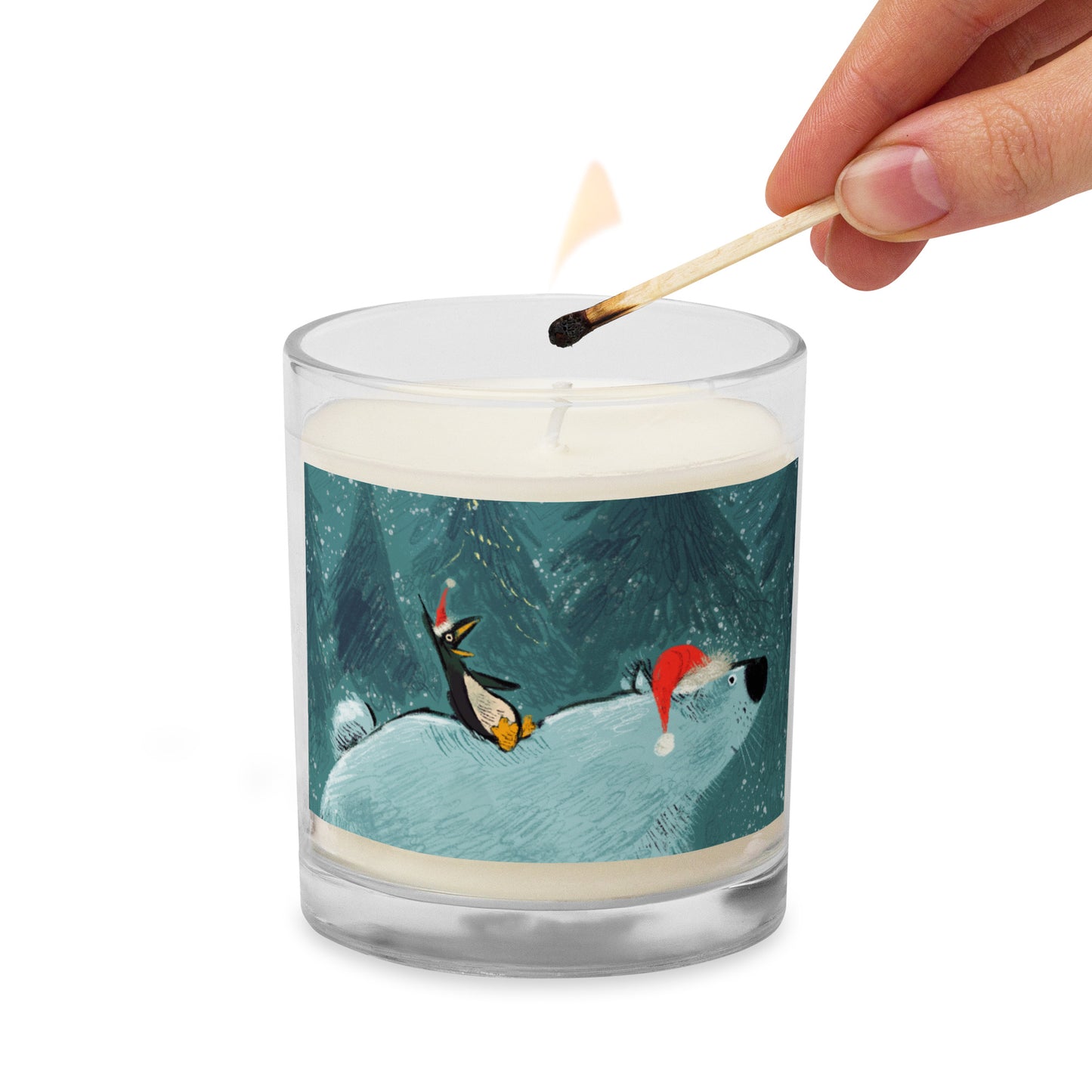 "Polar Bear and Penguin Soy Wax Candle in Glass Jar - Hand-Drawn by Leo Matsuda | Festive Christmas Candle"