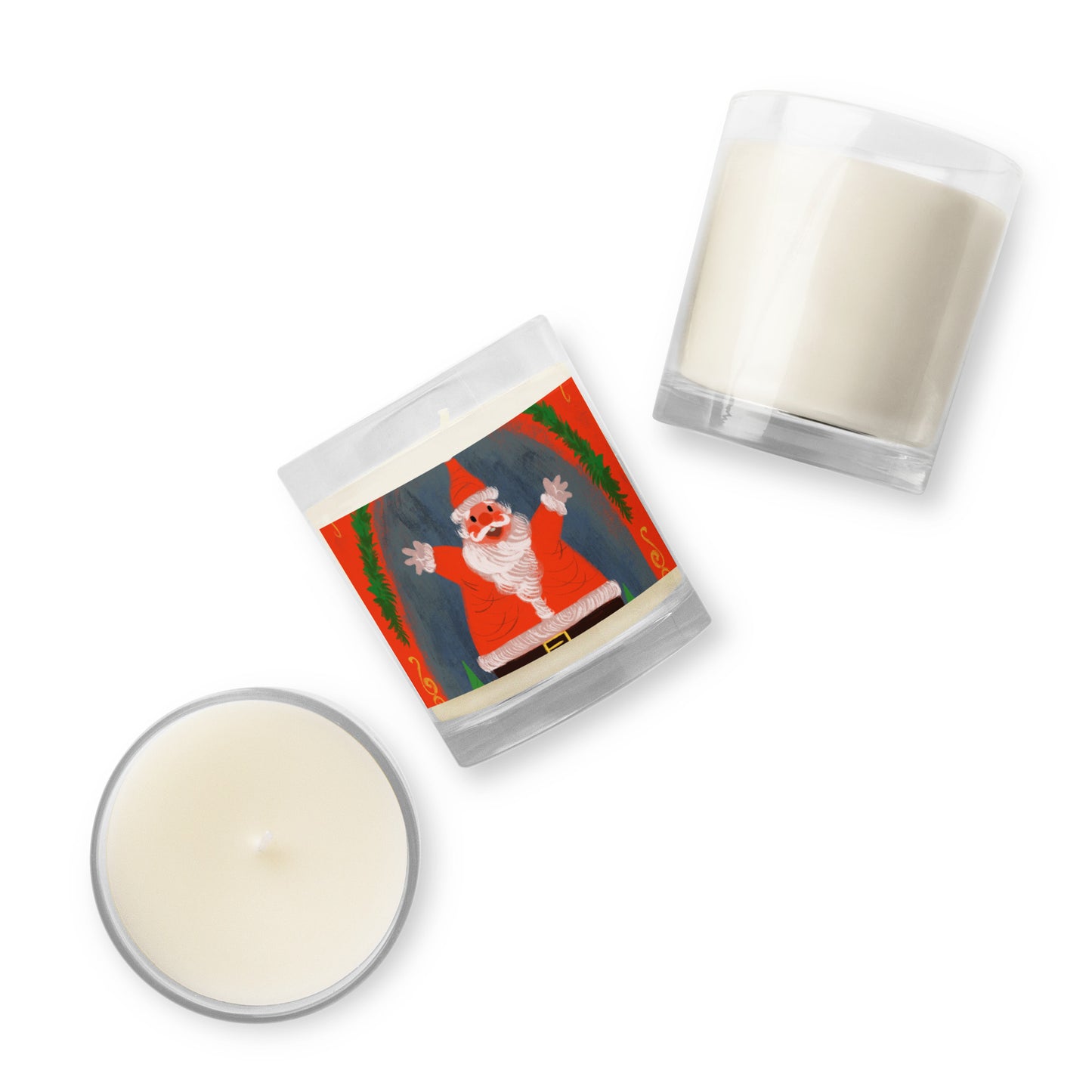 "Santa and Elves Soy Wax Candle in Glass Jar - Hand-Drawn by Leo Matsuda | Festive Christmas Candle"