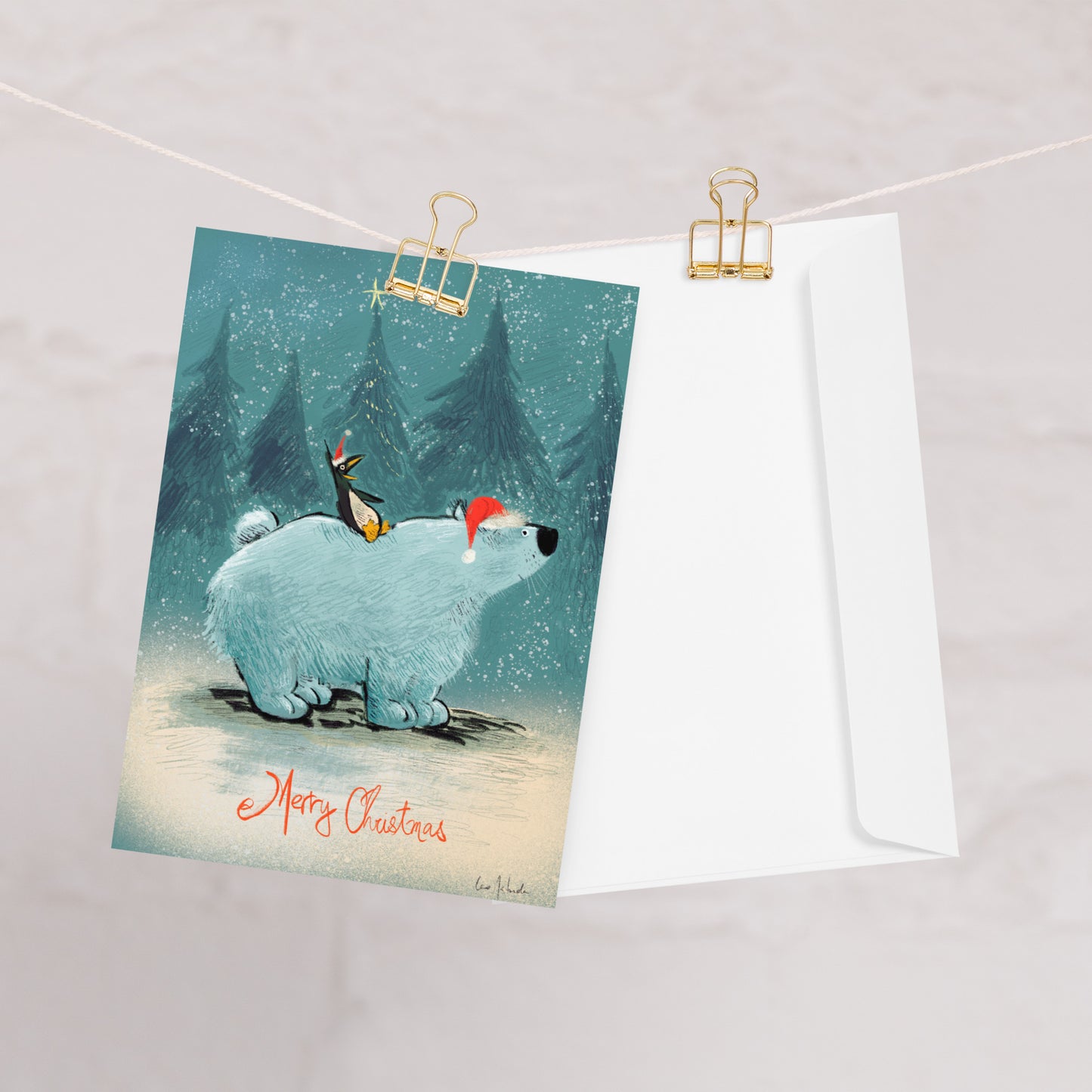"Polar Bear and Penguin Christmas Card - Hand-Drawn by Leo Matsuda | Cute Holiday Greeting"