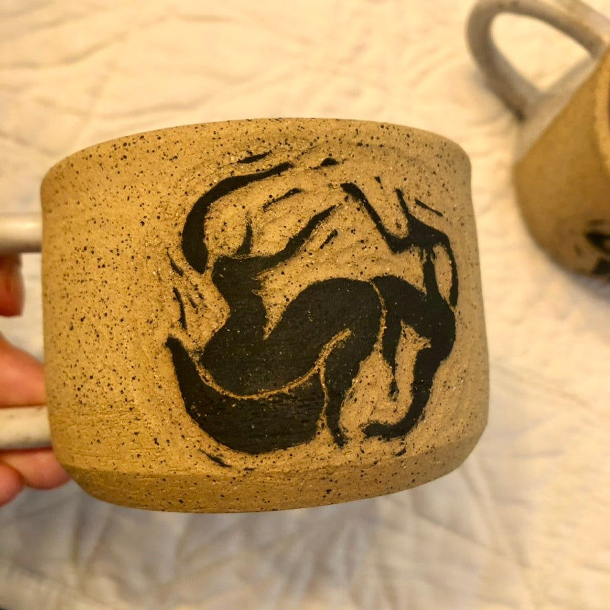 Dancing Figure Mug - Handmade Speckled Clay & Glaze by Local Artist Moon Pottery