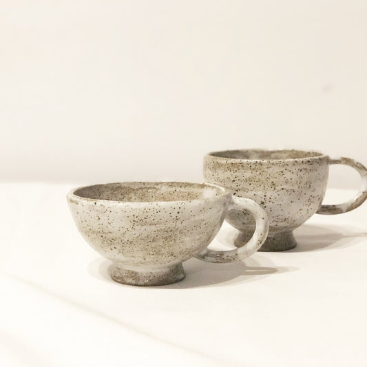 Handmade Coffee Cup Set of Two – Moon Pottery | White Speckle, Natural Homemade Glaze, One-of-a-Kind, Perfect Gift