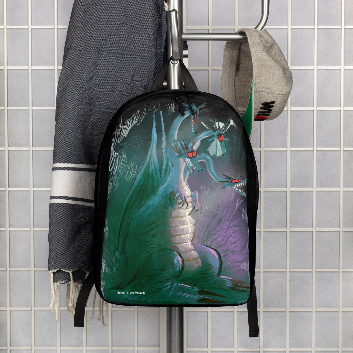 "Minimalist Dragon Backpack - Hand-Drawn Illustration by Leo Matsuda | Sleek Fantasy Art Bag"