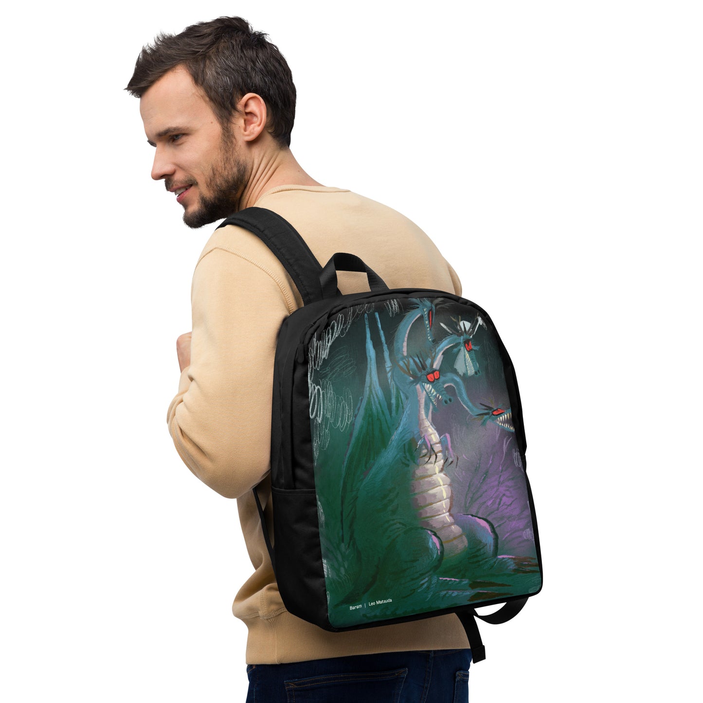 "Minimalist Dragon Backpack - Hand-Drawn Illustration by Leo Matsuda | Sleek Fantasy Art Bag"