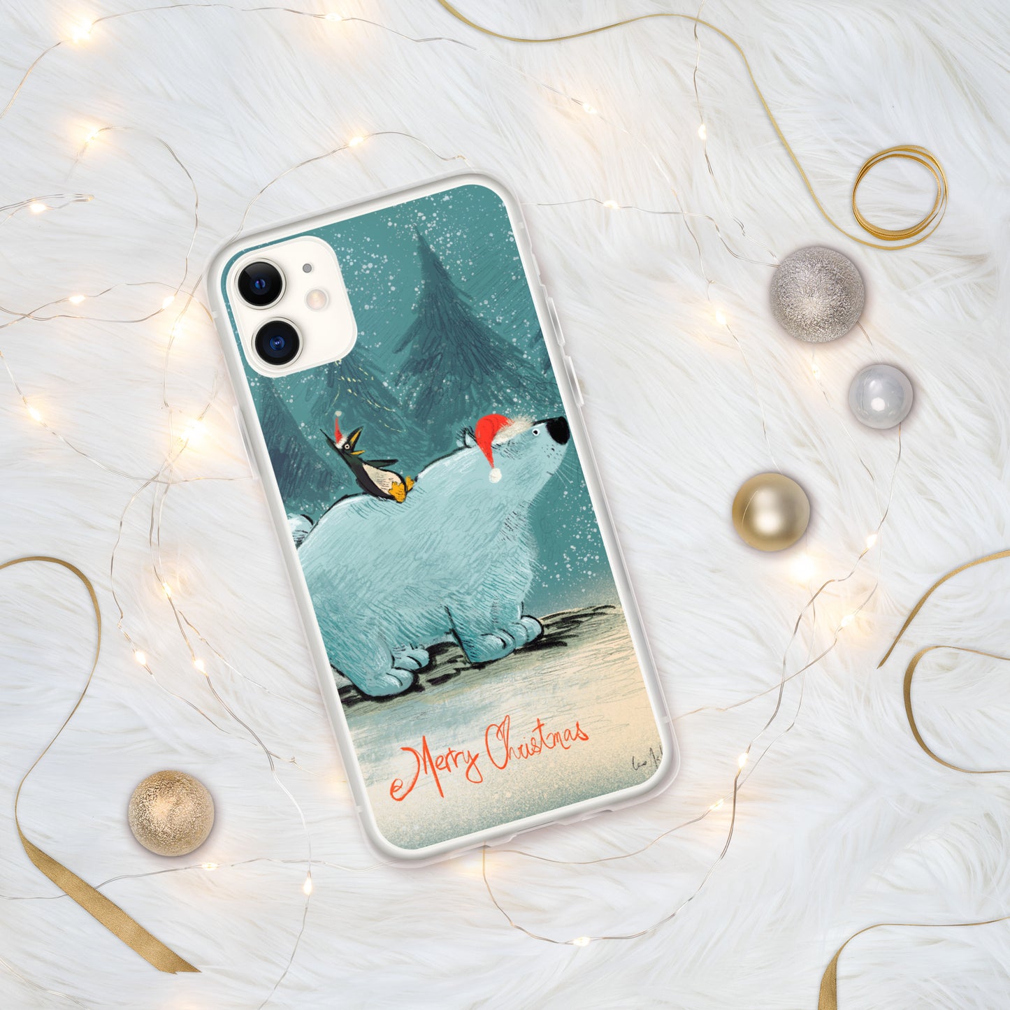 "Polar Bear and Penguin Clear iPhone® Case - Hand-Drawn by Leo Matsuda | Festive Christmas Phone Case"