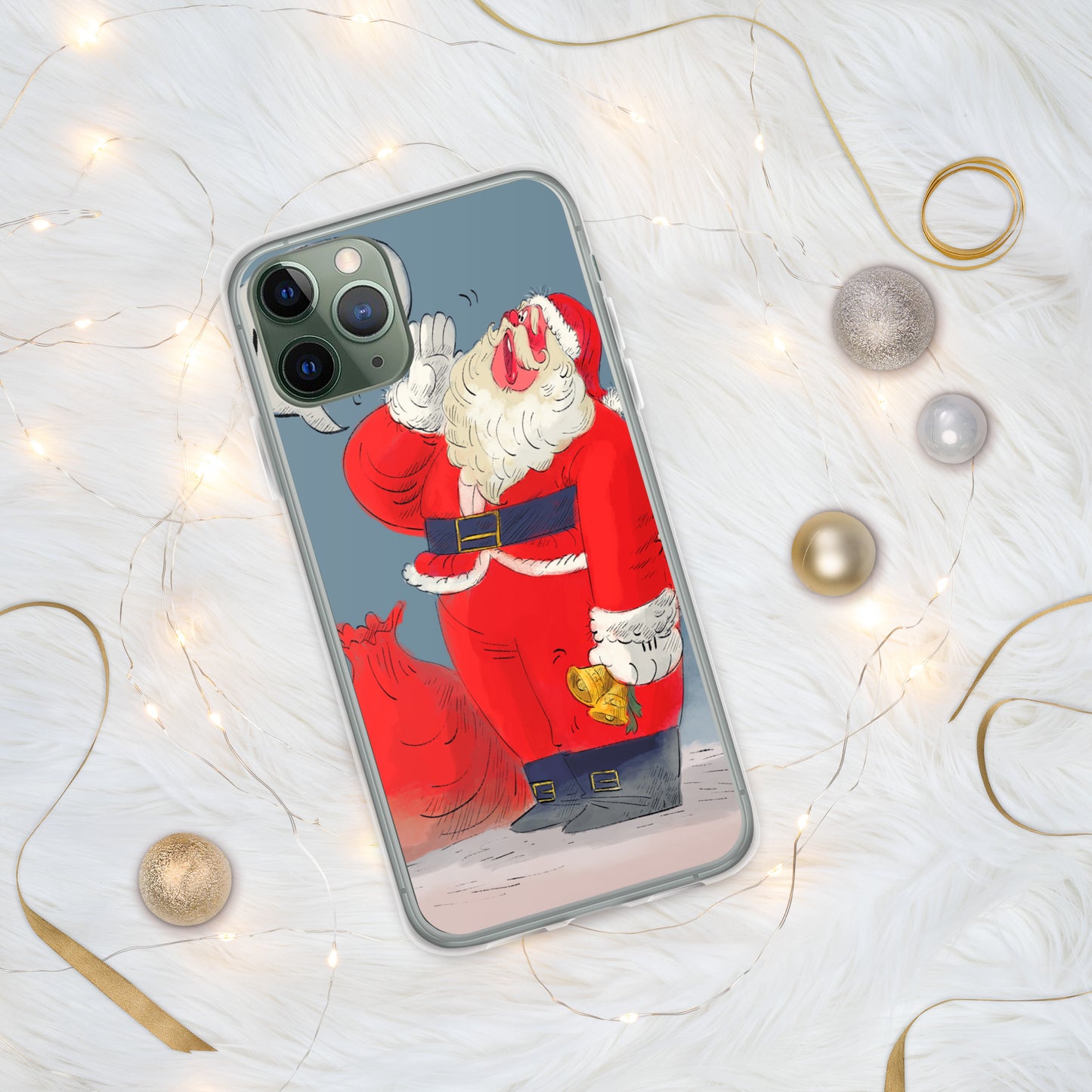 "Santa Christmas Clear iPhone® Case - Hand-Drawn by Leo Matsuda | Festive Holiday Phone Case"