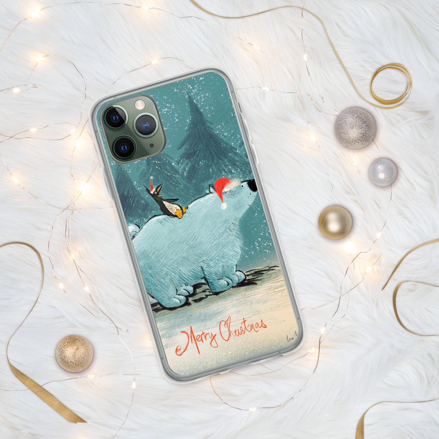 "Polar Bear and Penguin Clear iPhone® Case - Hand-Drawn by Leo Matsuda | Festive Christmas Phone Case"