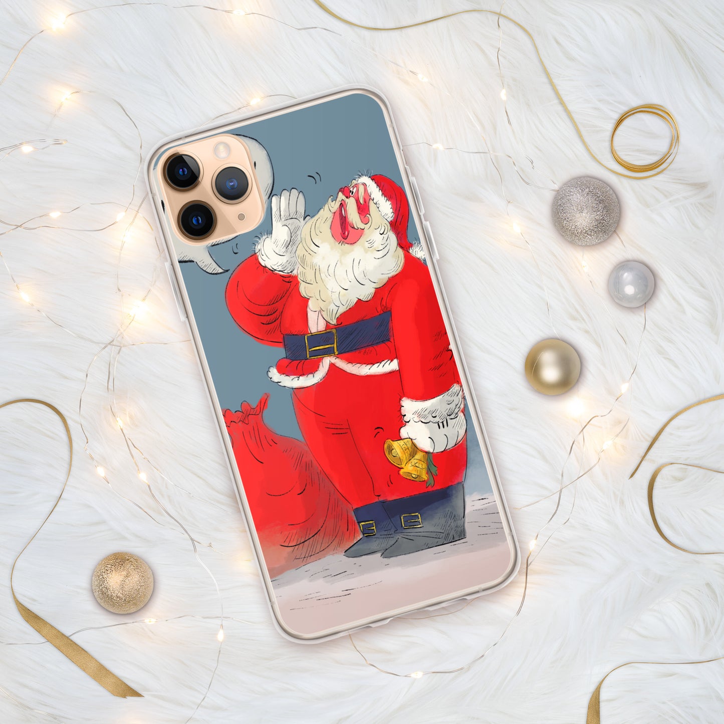 "Santa Christmas Clear iPhone® Case - Hand-Drawn by Leo Matsuda | Festive Holiday Phone Case"