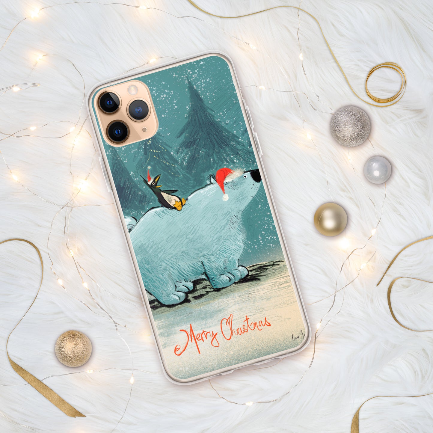 "Polar Bear and Penguin Clear iPhone® Case - Hand-Drawn by Leo Matsuda | Festive Christmas Phone Case"