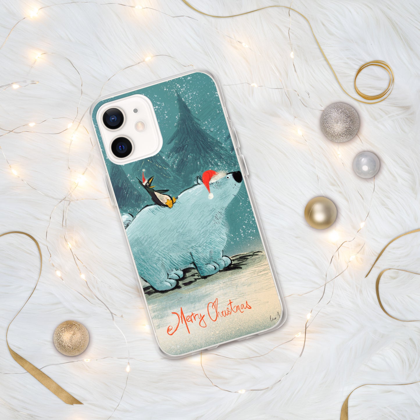 "Polar Bear and Penguin Clear iPhone® Case - Hand-Drawn by Leo Matsuda | Festive Christmas Phone Case"