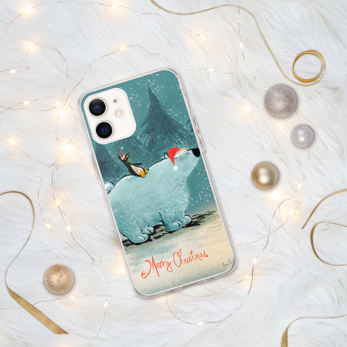 "Polar Bear and Penguin Clear iPhone® Case - Hand-Drawn by Leo Matsuda | Festive Christmas Phone Case"