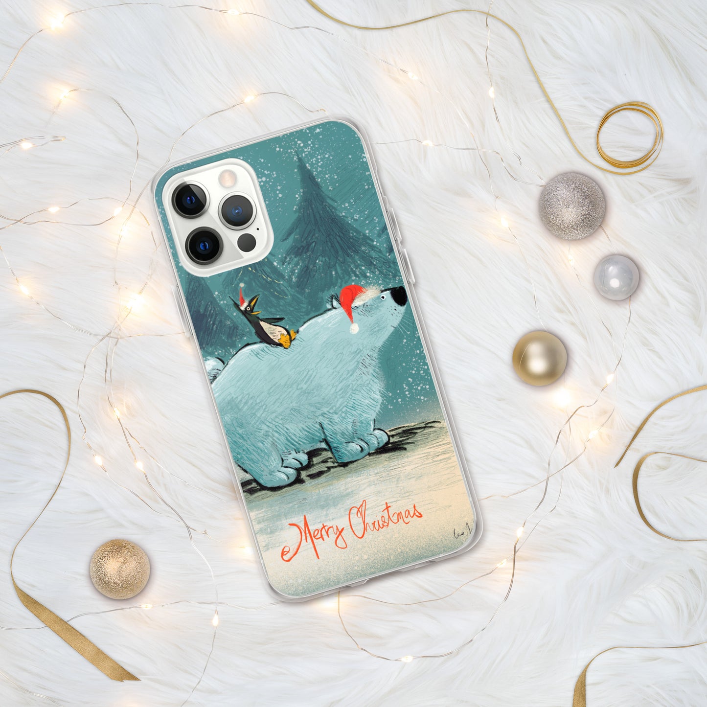 "Polar Bear and Penguin Clear iPhone® Case - Hand-Drawn by Leo Matsuda | Festive Christmas Phone Case"