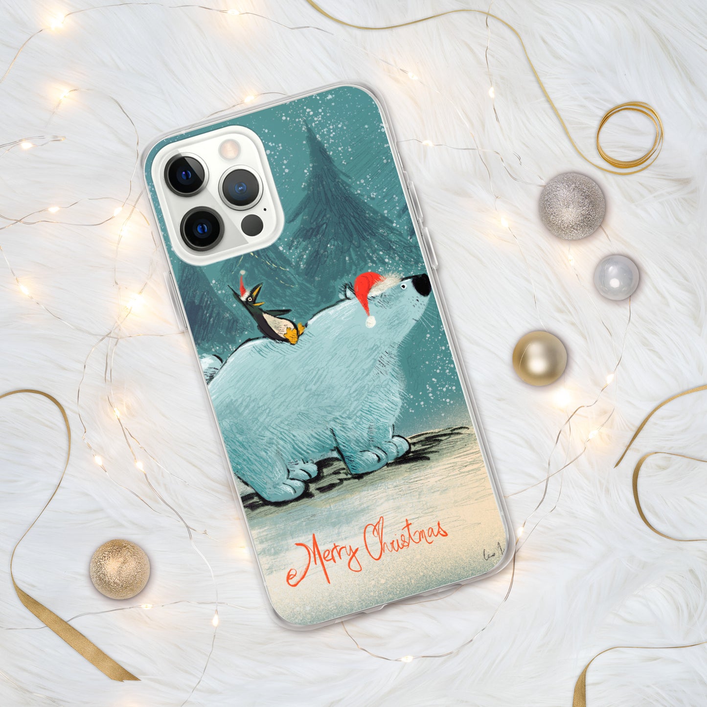 "Polar Bear and Penguin Clear iPhone® Case - Hand-Drawn by Leo Matsuda | Festive Christmas Phone Case"
