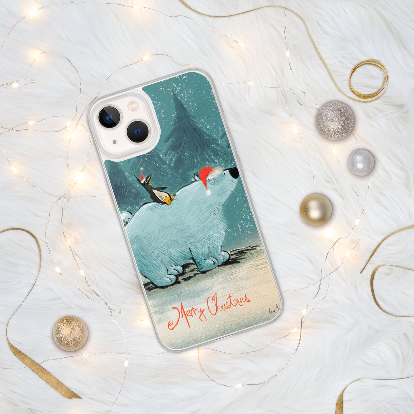 "Polar Bear and Penguin Clear iPhone® Case - Hand-Drawn by Leo Matsuda | Festive Christmas Phone Case"
