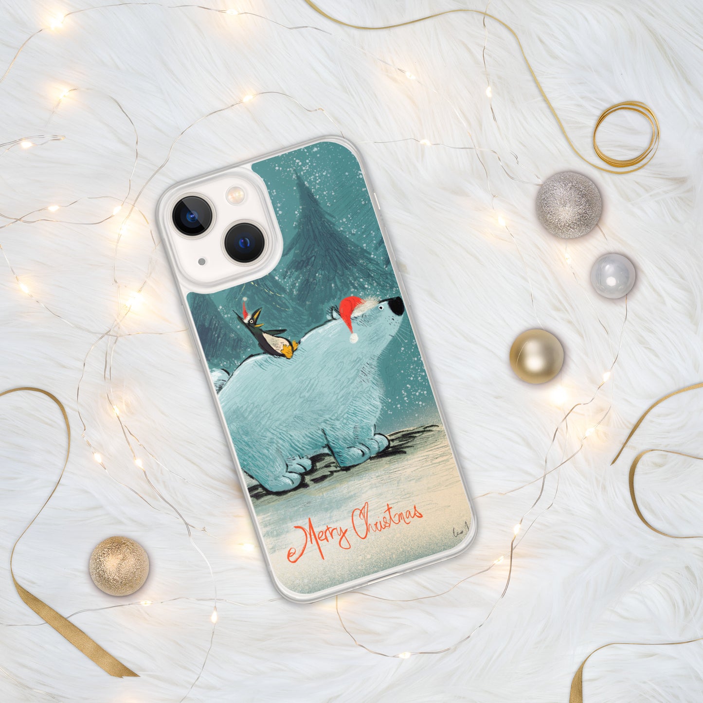 "Polar Bear and Penguin Clear iPhone® Case - Hand-Drawn by Leo Matsuda | Festive Christmas Phone Case"