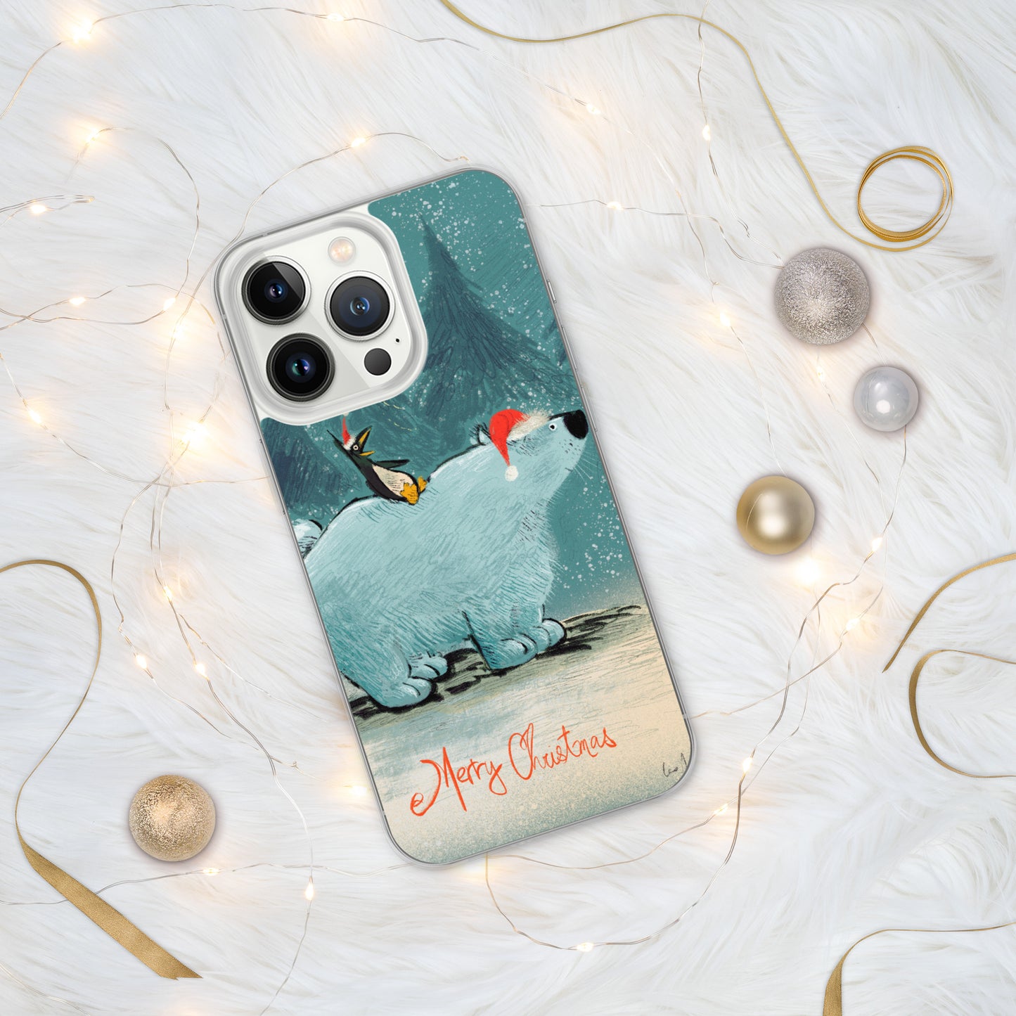 "Polar Bear and Penguin Clear iPhone® Case - Hand-Drawn by Leo Matsuda | Festive Christmas Phone Case"