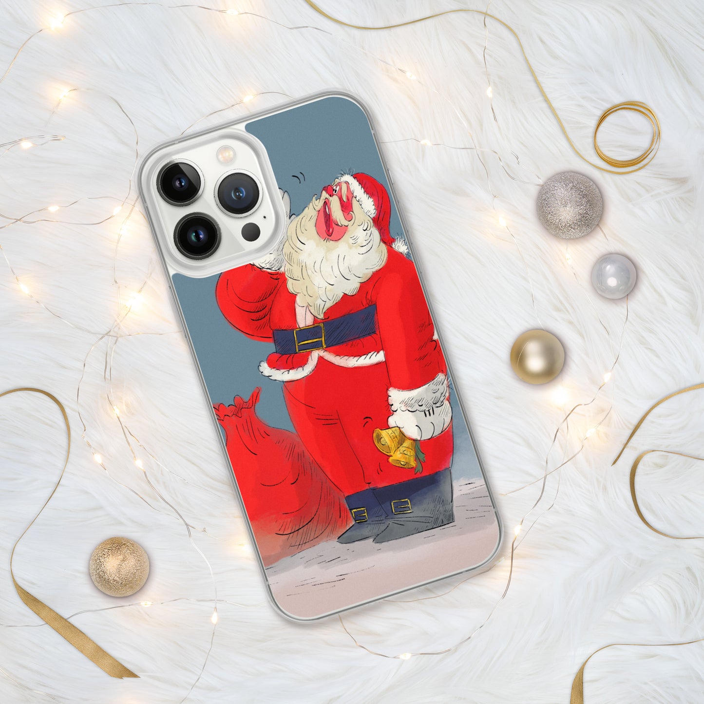 "Santa Christmas Clear iPhone® Case - Hand-Drawn by Leo Matsuda | Festive Holiday Phone Case"