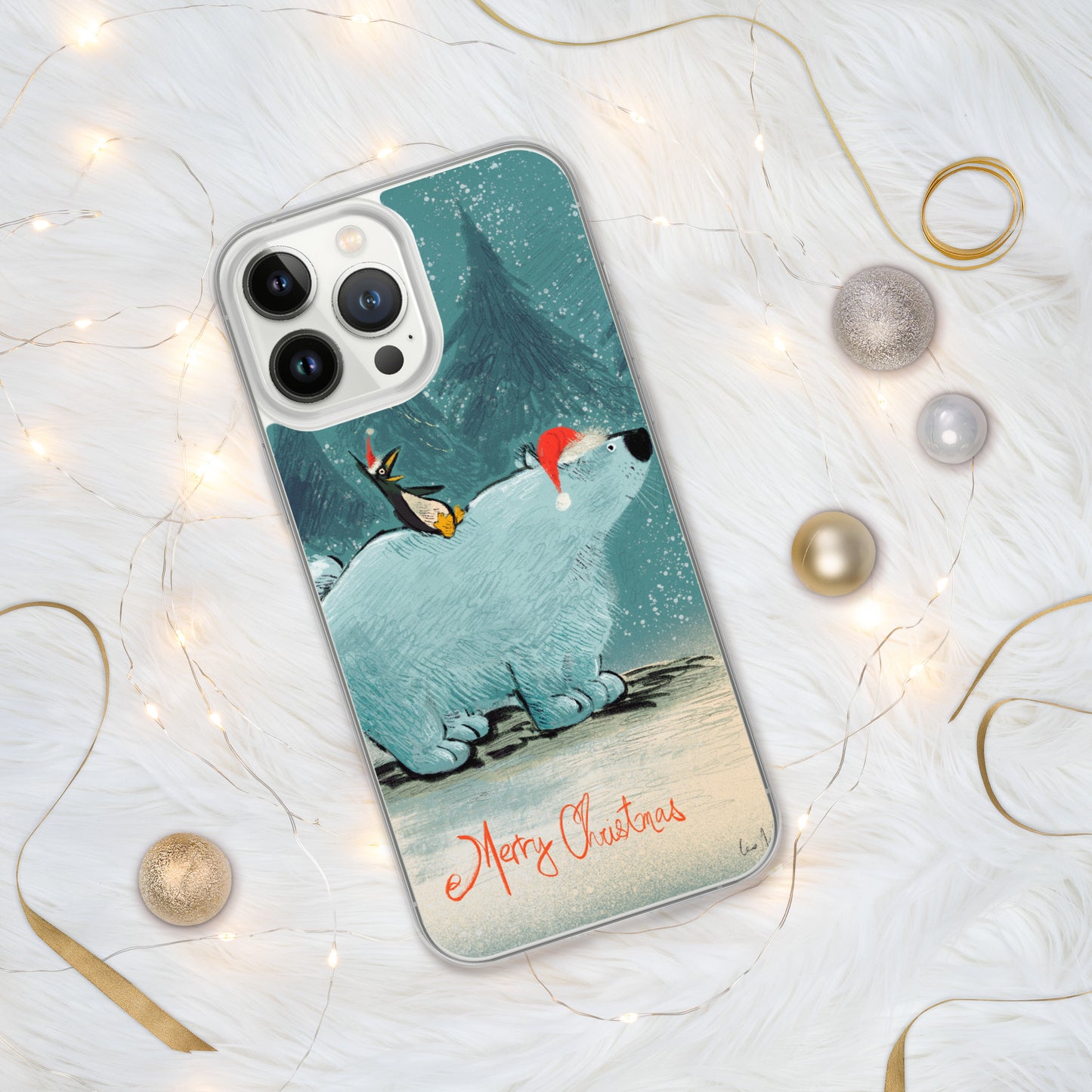 "Polar Bear and Penguin Clear iPhone® Case - Hand-Drawn by Leo Matsuda | Festive Christmas Phone Case"
