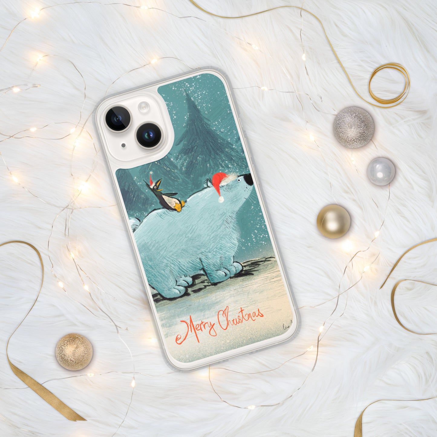 "Polar Bear and Penguin Clear iPhone® Case - Hand-Drawn by Leo Matsuda | Festive Christmas Phone Case"