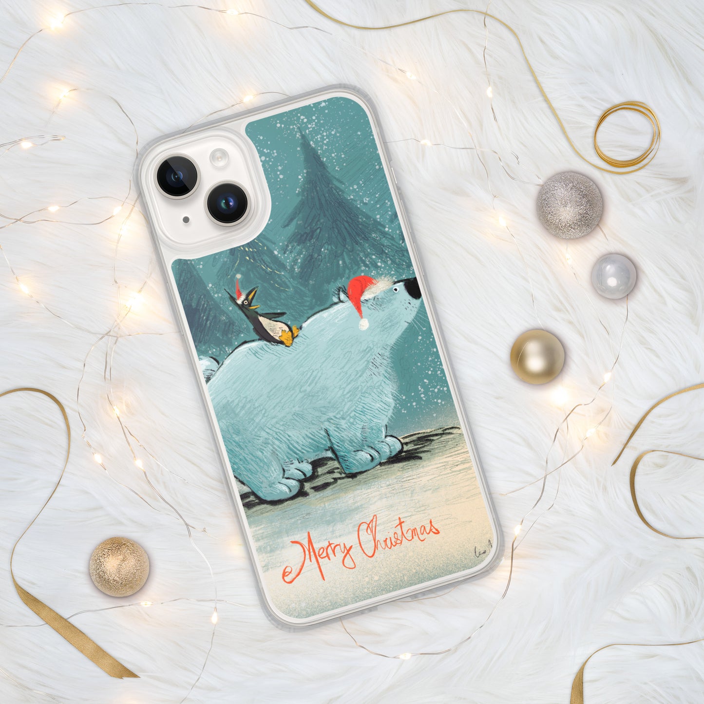 "Polar Bear and Penguin Clear iPhone® Case - Hand-Drawn by Leo Matsuda | Festive Christmas Phone Case"