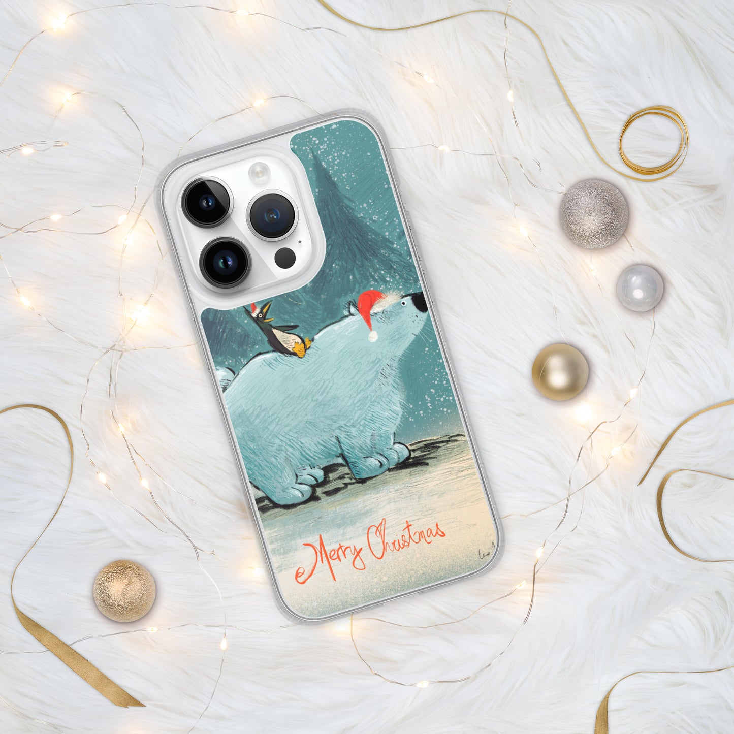 "Polar Bear and Penguin Clear iPhone® Case - Hand-Drawn by Leo Matsuda | Festive Christmas Phone Case"