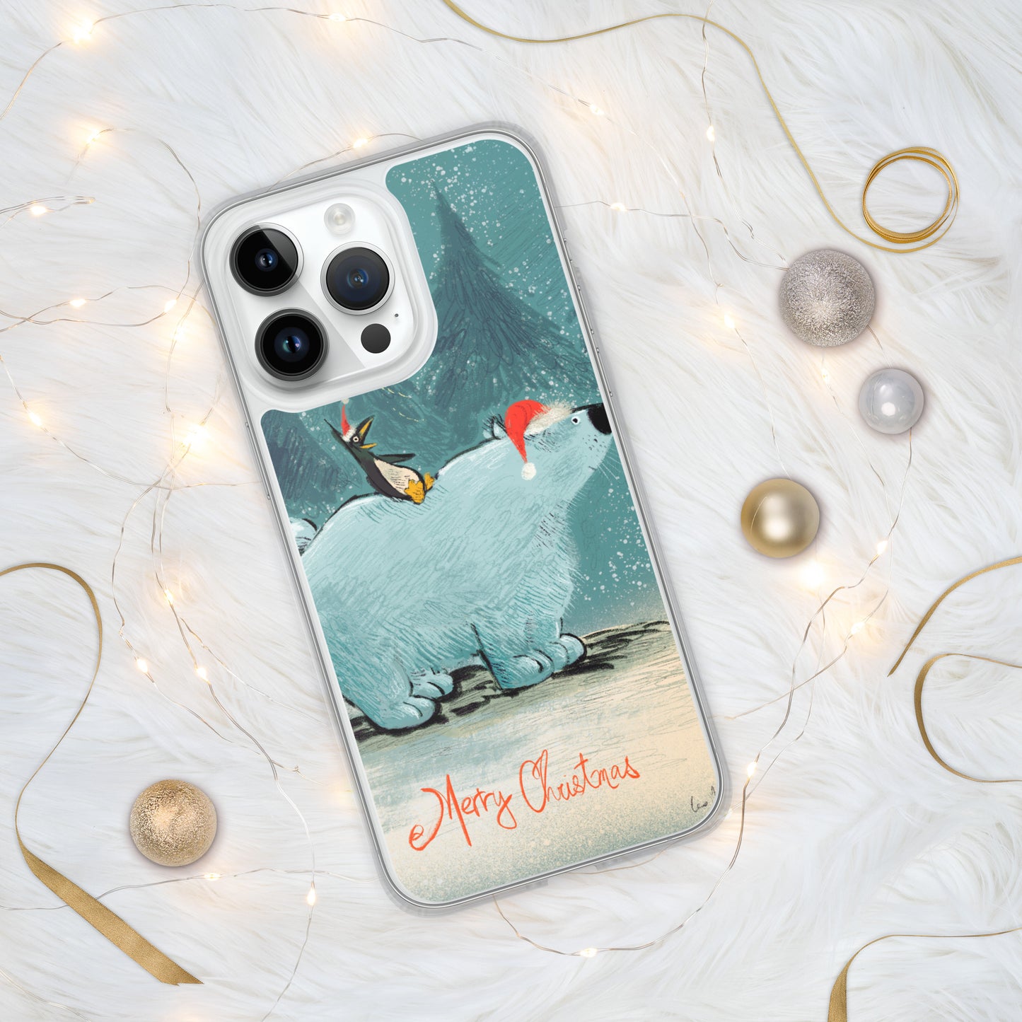 "Polar Bear and Penguin Clear iPhone® Case - Hand-Drawn by Leo Matsuda | Festive Christmas Phone Case"