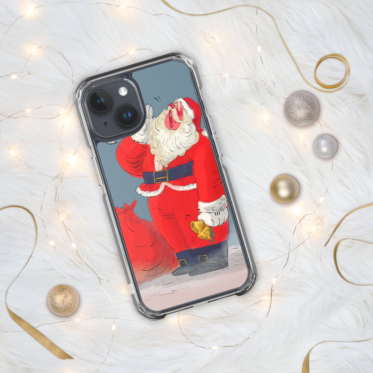 "Santa Christmas Clear iPhone® Case - Hand-Drawn by Leo Matsuda | Festive Holiday Phone Case"