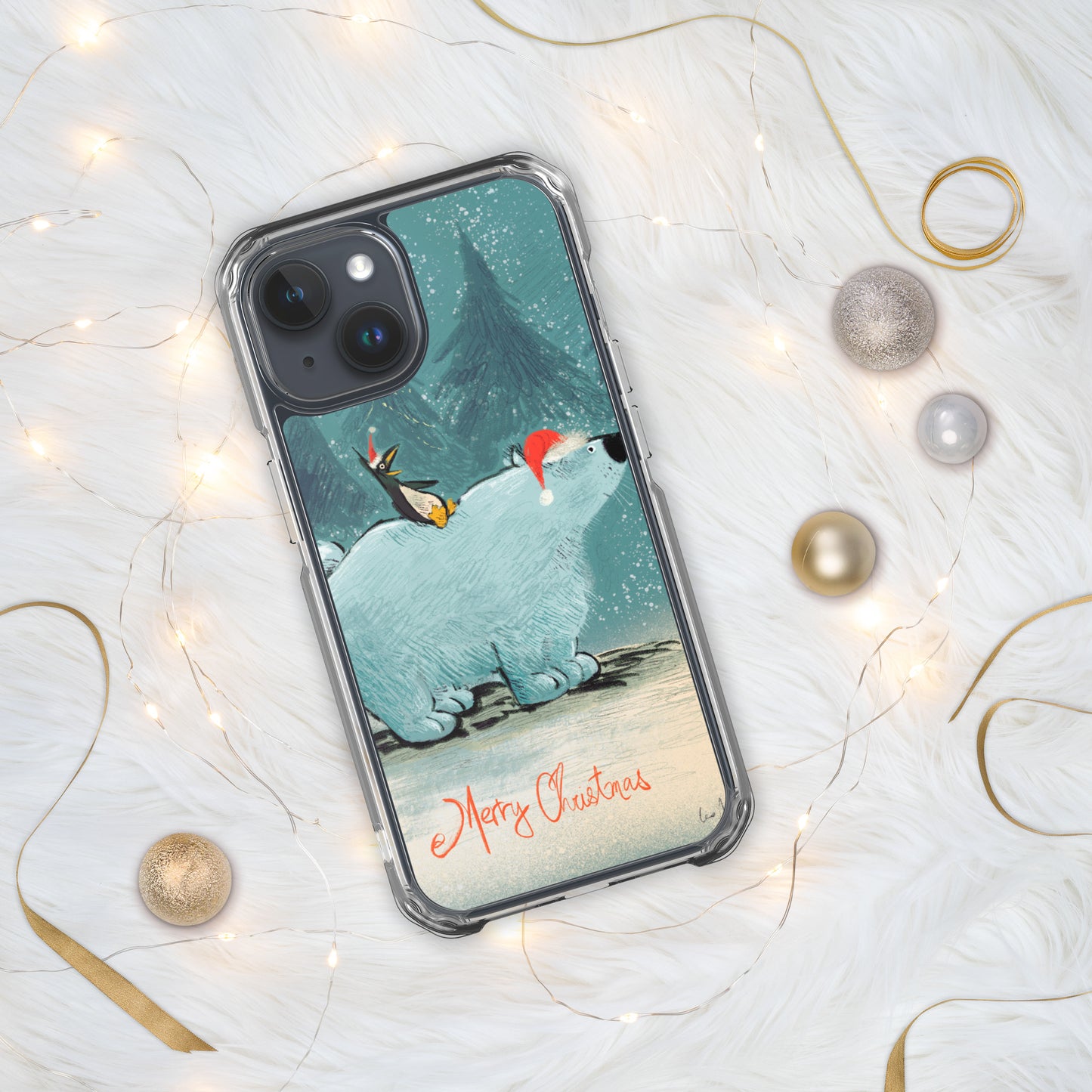 "Polar Bear and Penguin Clear iPhone® Case - Hand-Drawn by Leo Matsuda | Festive Christmas Phone Case"