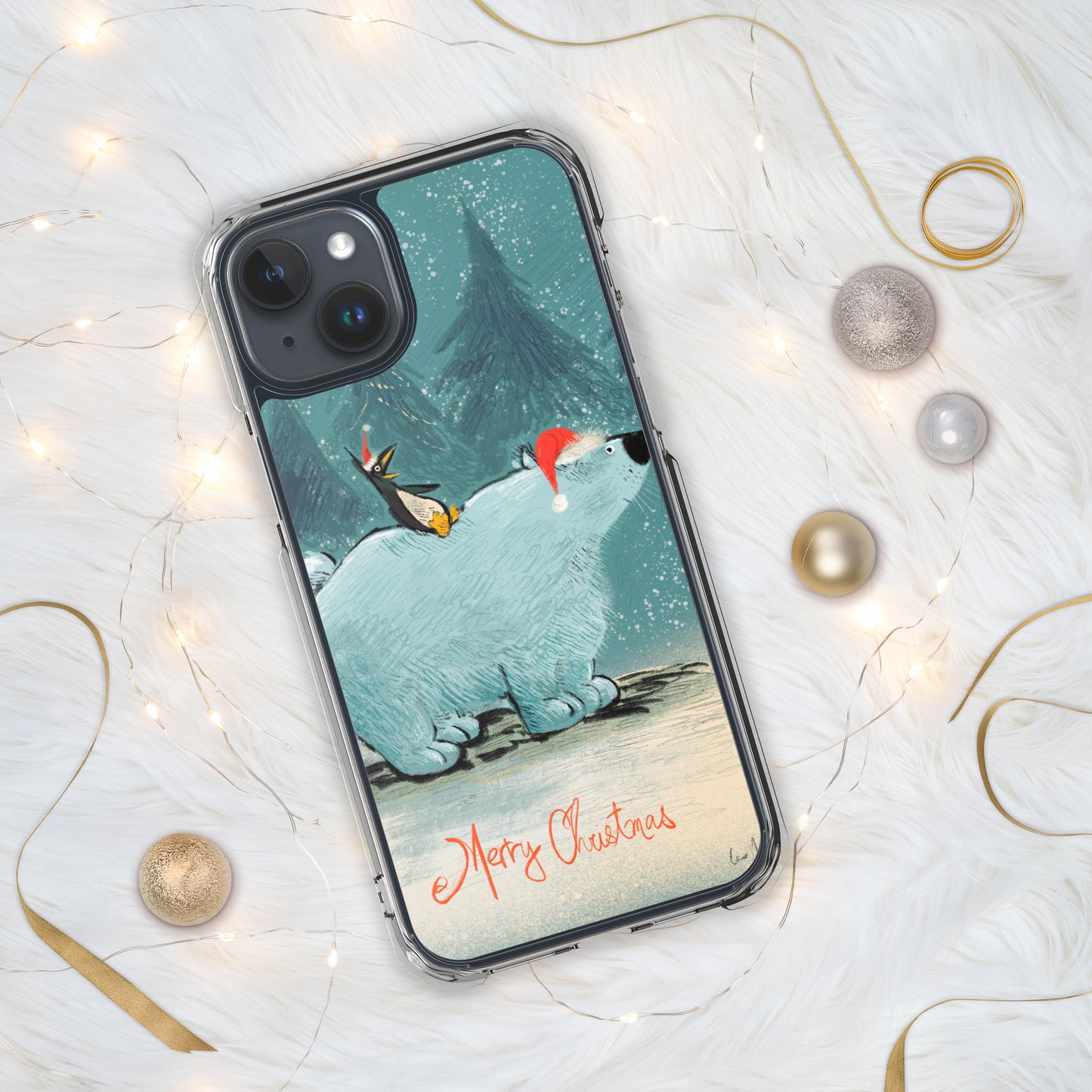 "Polar Bear and Penguin Clear iPhone® Case - Hand-Drawn by Leo Matsuda | Festive Christmas Phone Case"