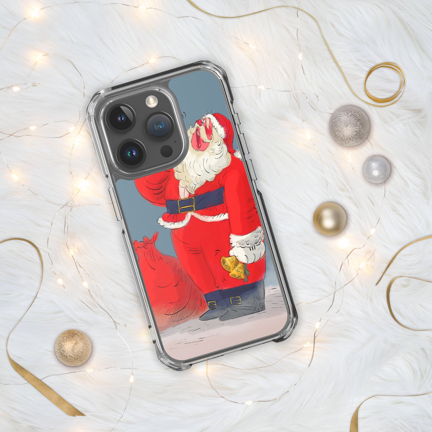 "Santa Christmas Clear iPhone® Case - Hand-Drawn by Leo Matsuda | Festive Holiday Phone Case"