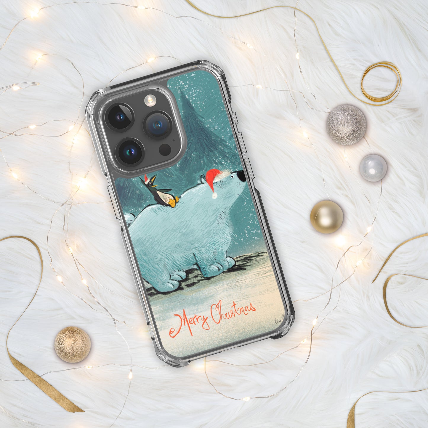 "Polar Bear and Penguin Clear iPhone® Case - Hand-Drawn by Leo Matsuda | Festive Christmas Phone Case"