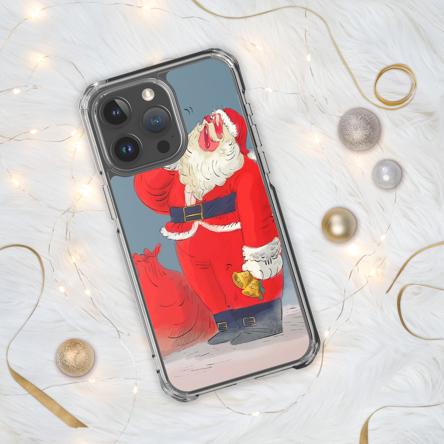 "Santa Christmas Clear iPhone® Case - Hand-Drawn by Leo Matsuda | Festive Holiday Phone Case"