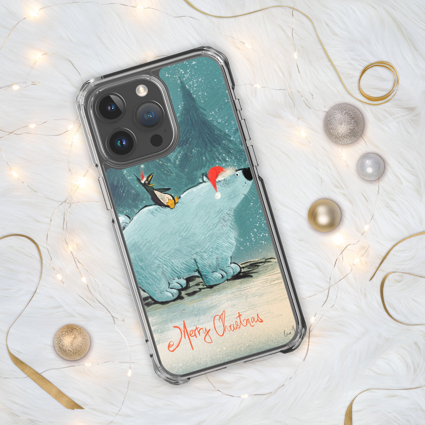 "Polar Bear and Penguin Clear iPhone® Case - Hand-Drawn by Leo Matsuda | Festive Christmas Phone Case"