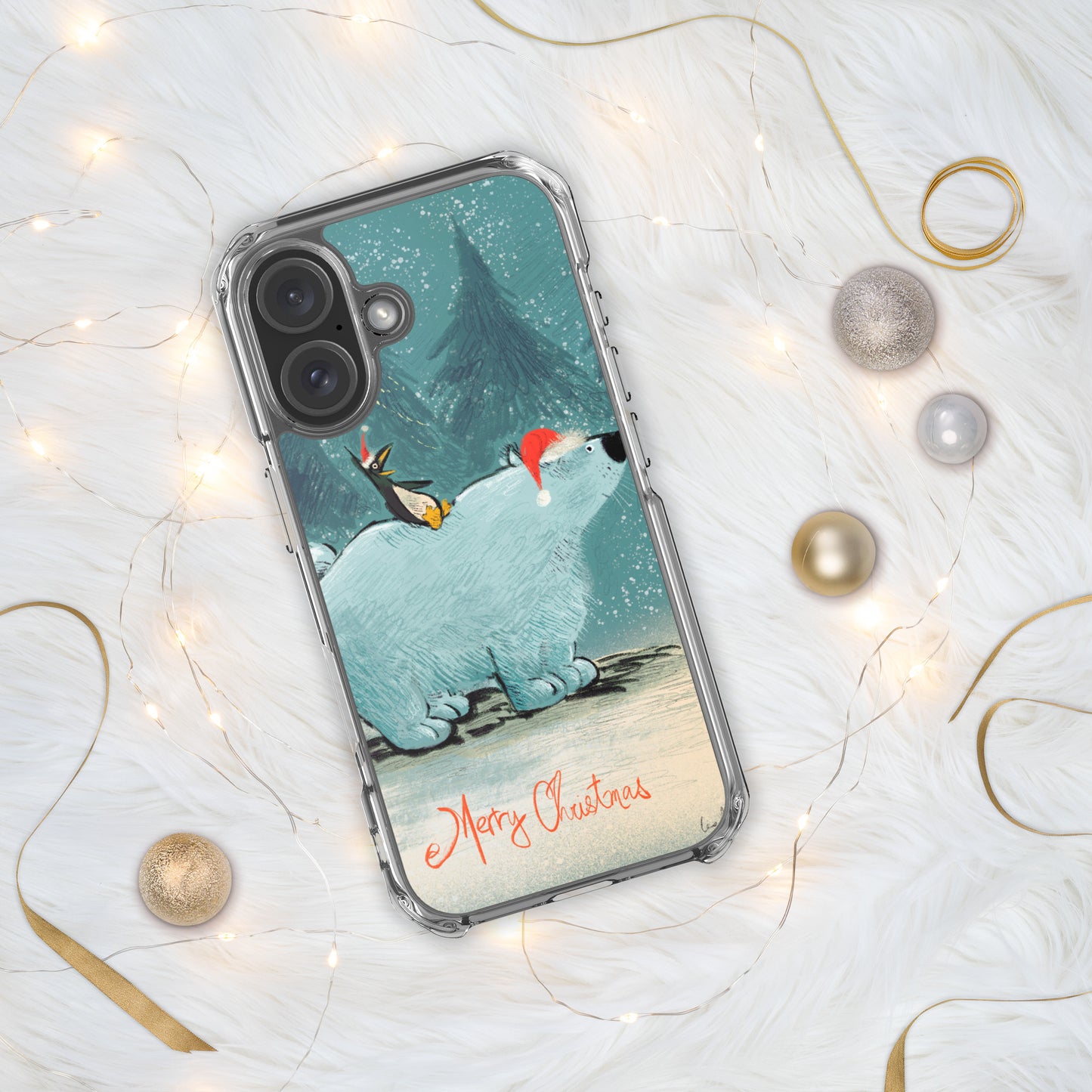 "Polar Bear and Penguin Clear iPhone® Case - Hand-Drawn by Leo Matsuda | Festive Christmas Phone Case"