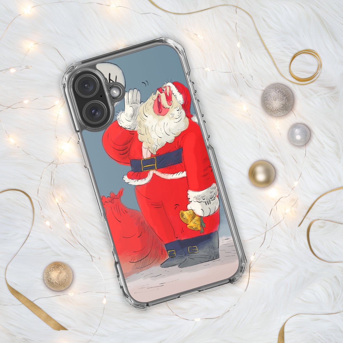 "Santa Christmas Clear iPhone® Case - Hand-Drawn by Leo Matsuda | Festive Holiday Phone Case"