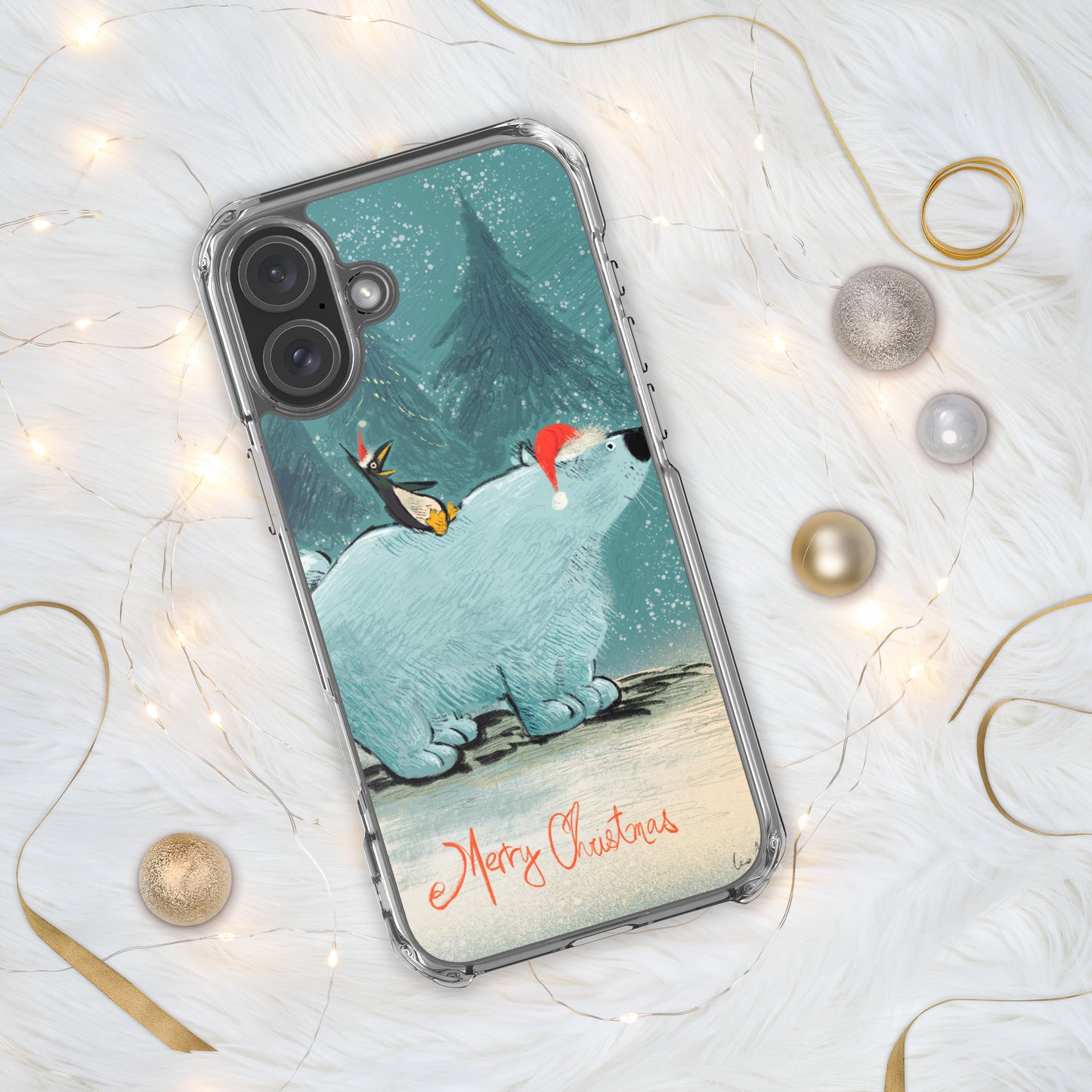 "Polar Bear and Penguin Clear iPhone® Case - Hand-Drawn by Leo Matsuda | Festive Christmas Phone Case"