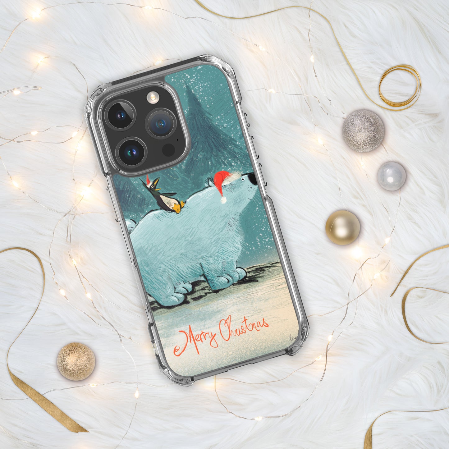 "Polar Bear and Penguin Clear iPhone® Case - Hand-Drawn by Leo Matsuda | Festive Christmas Phone Case"