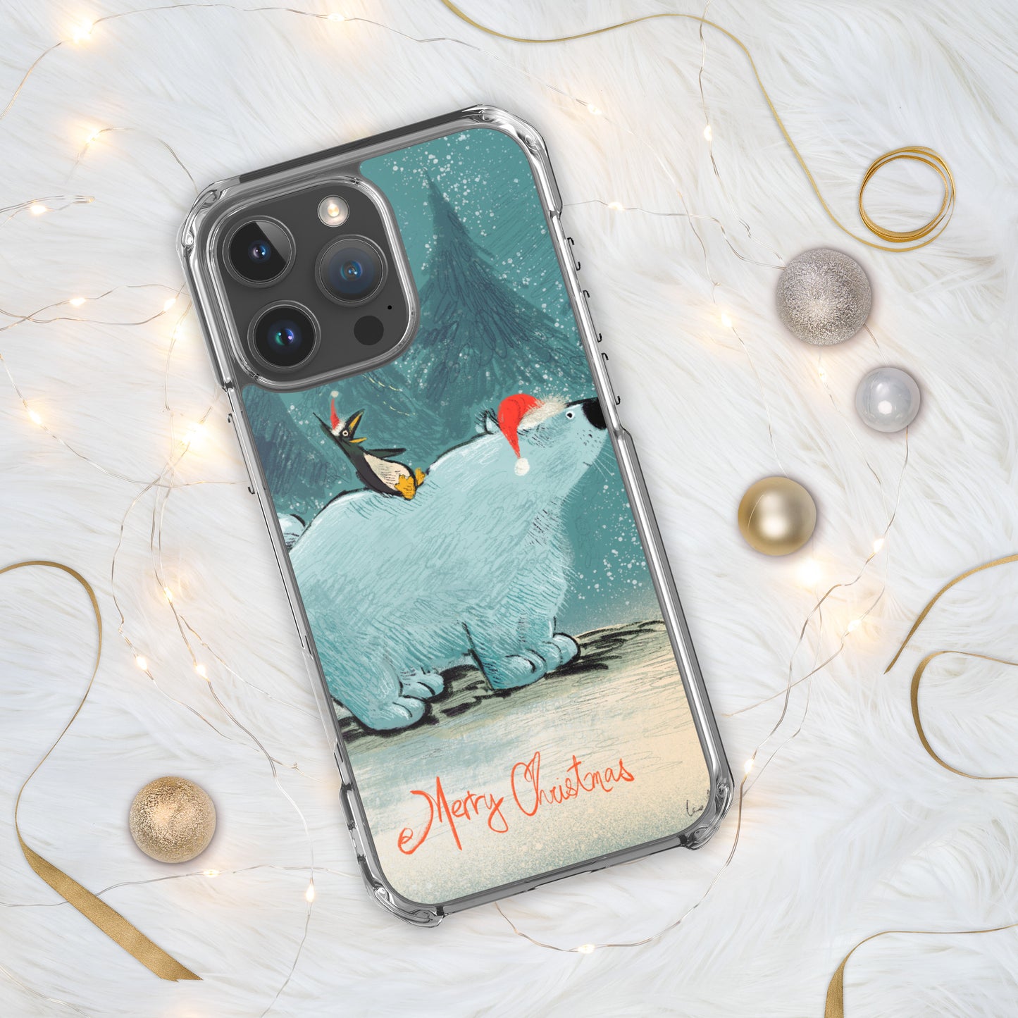 "Polar Bear and Penguin Clear iPhone® Case - Hand-Drawn by Leo Matsuda | Festive Christmas Phone Case"