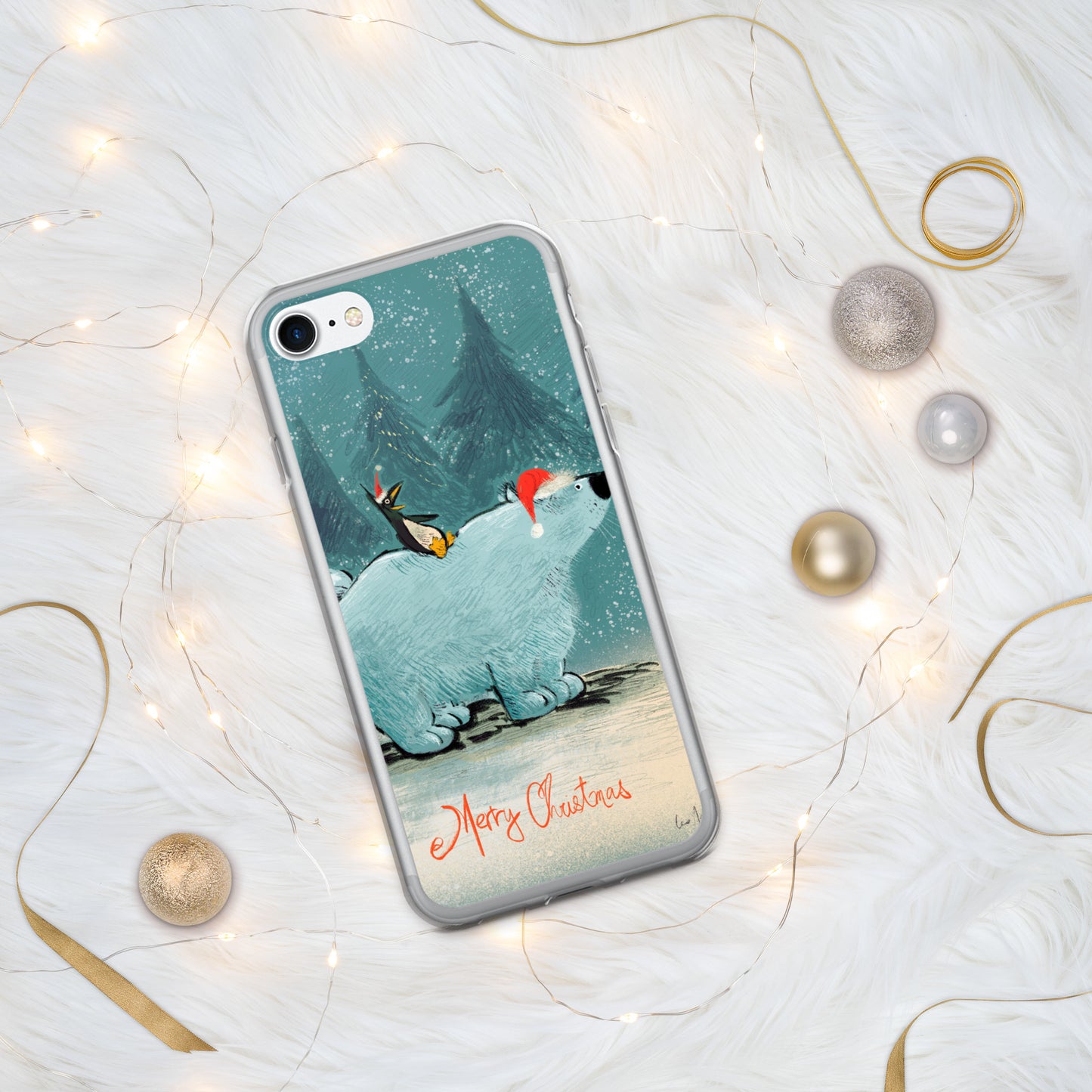 "Polar Bear and Penguin Clear iPhone® Case - Hand-Drawn by Leo Matsuda | Festive Christmas Phone Case"