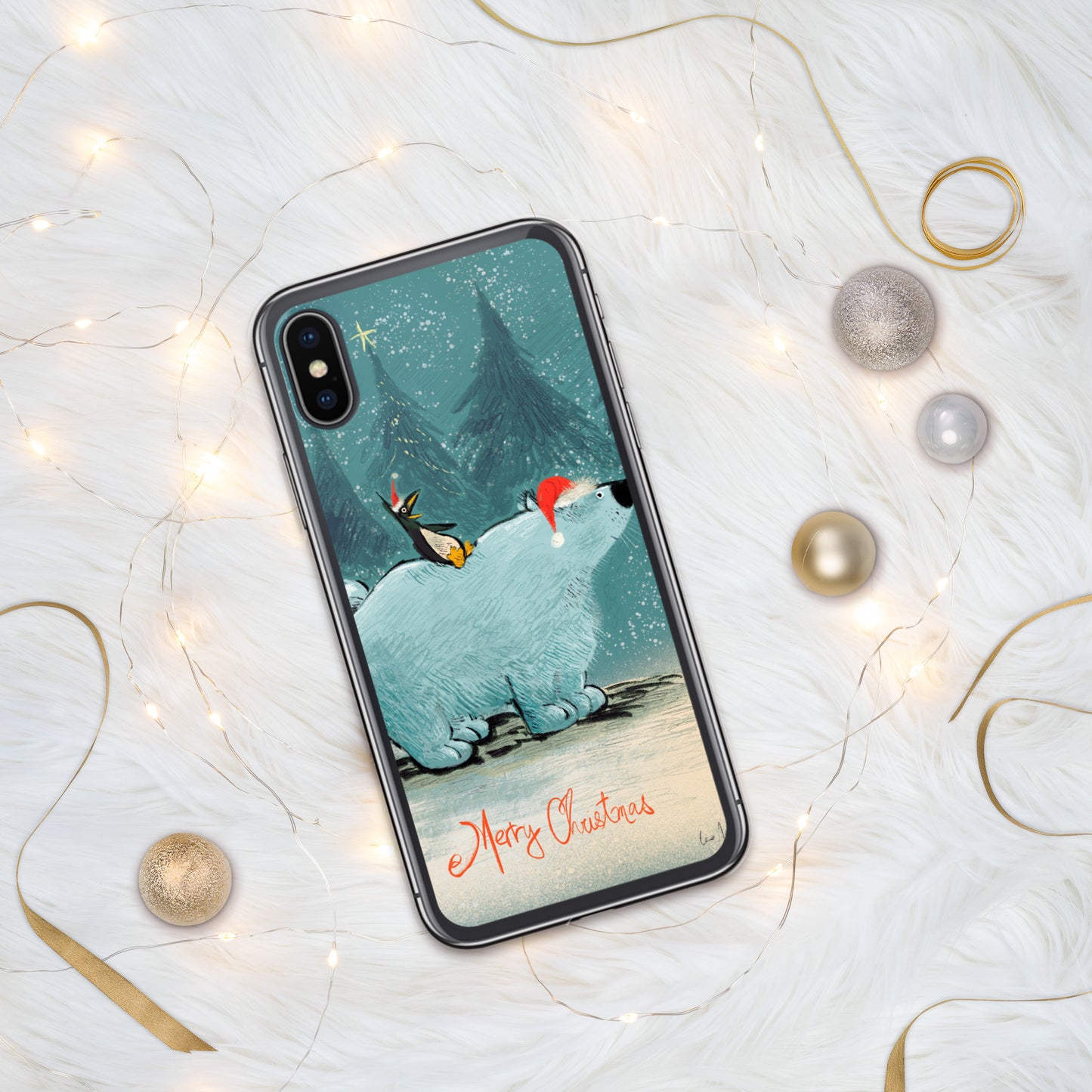 "Polar Bear and Penguin Clear iPhone® Case - Hand-Drawn by Leo Matsuda | Festive Christmas Phone Case"