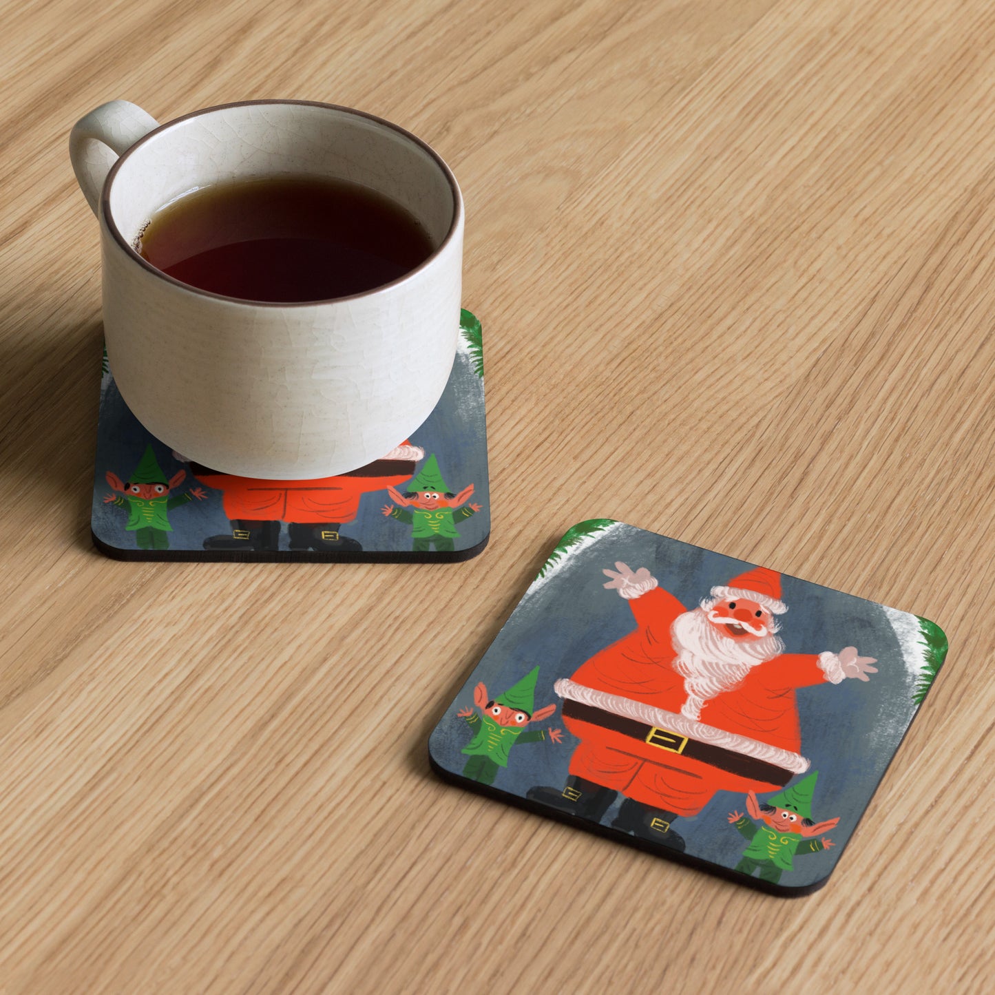 "Santa and Elves Cork-Back Coaster - Hand-Drawn by Leo Matsuda | Festive Christmas Table Decor"