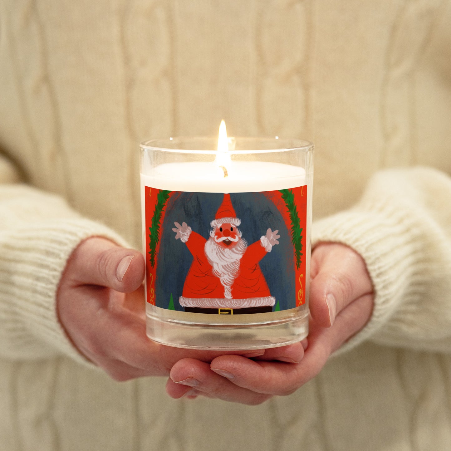 "Santa and Elves Soy Wax Candle in Glass Jar - Hand-Drawn by Leo Matsuda | Festive Christmas Candle"
