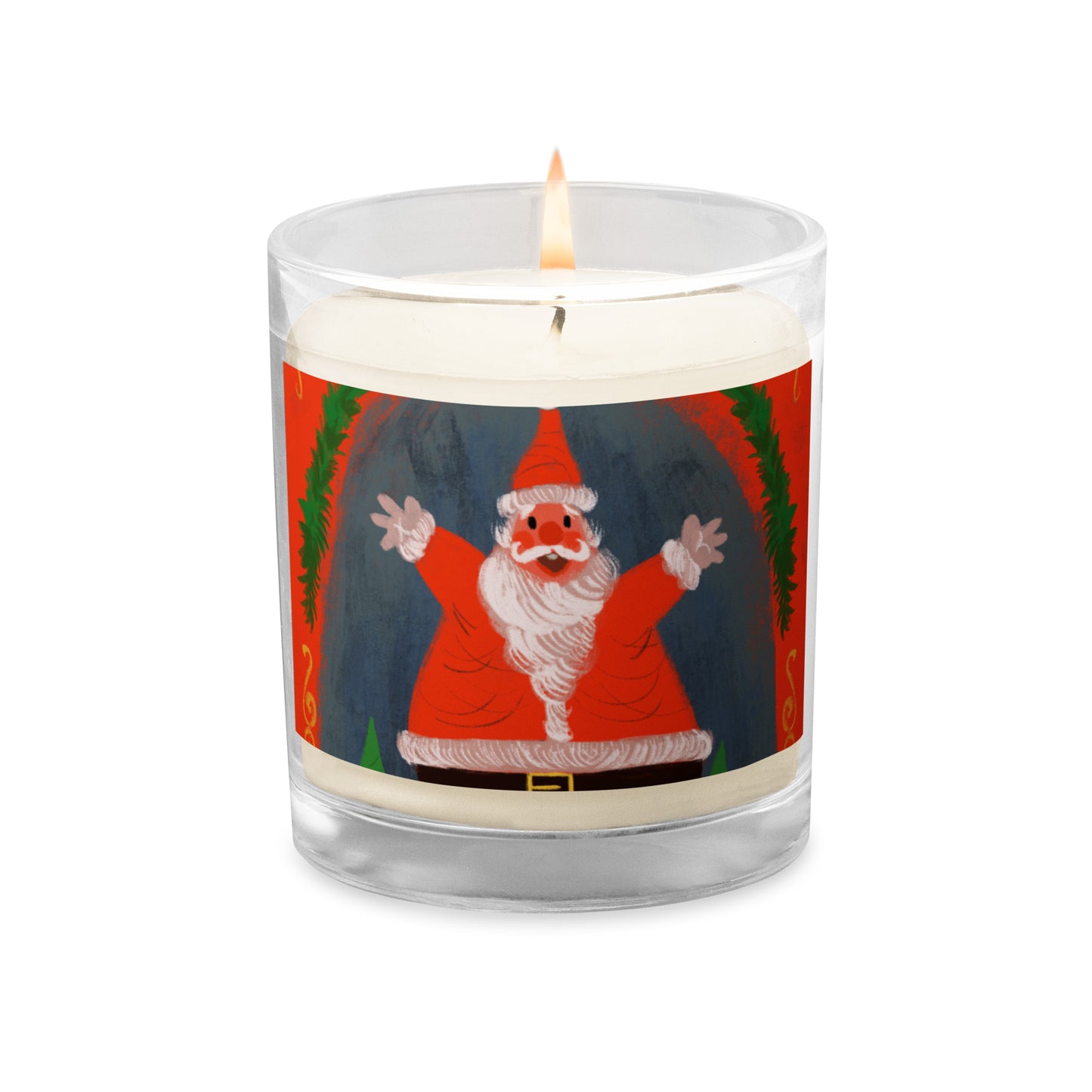 "Santa and Elves Soy Wax Candle in Glass Jar - Hand-Drawn by Leo Matsuda | Festive Christmas Candle"
