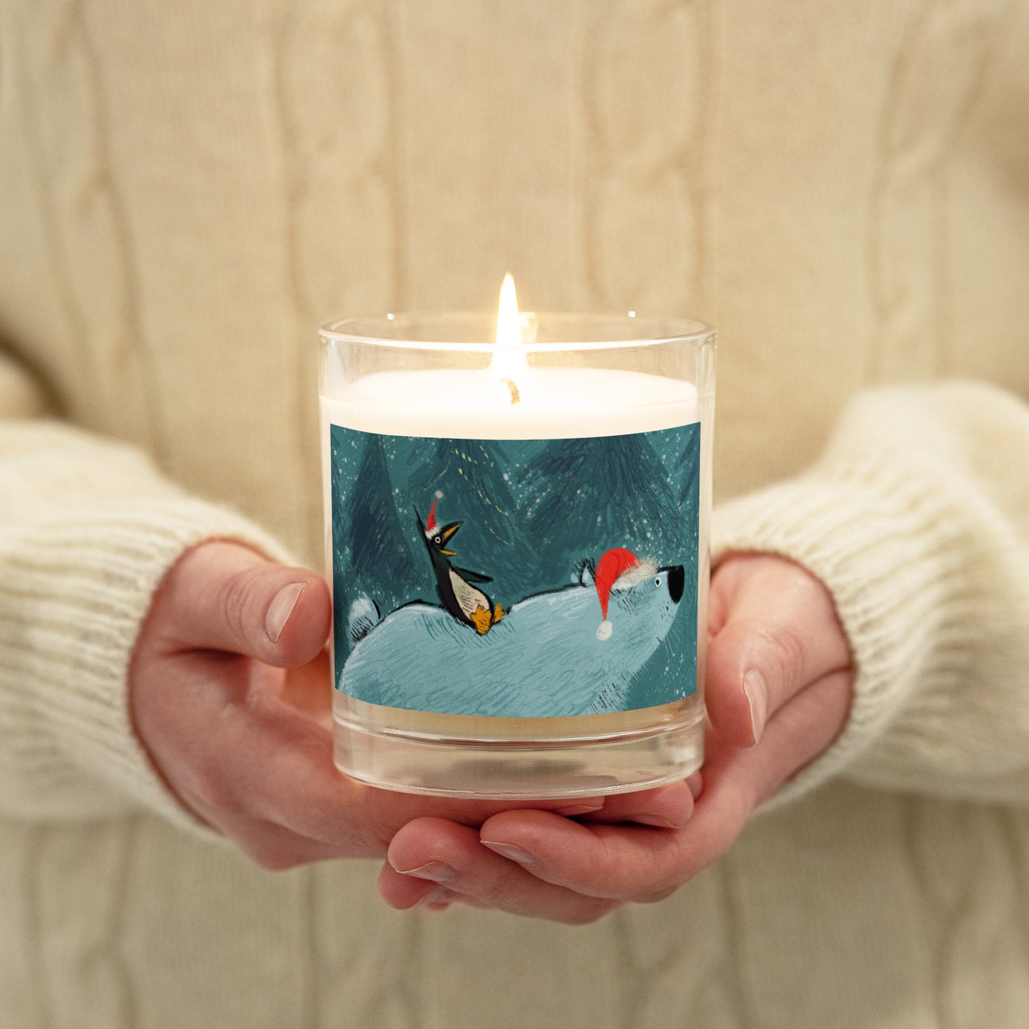 "Polar Bear and Penguin Soy Wax Candle in Glass Jar - Hand-Drawn by Leo Matsuda | Festive Christmas Candle"