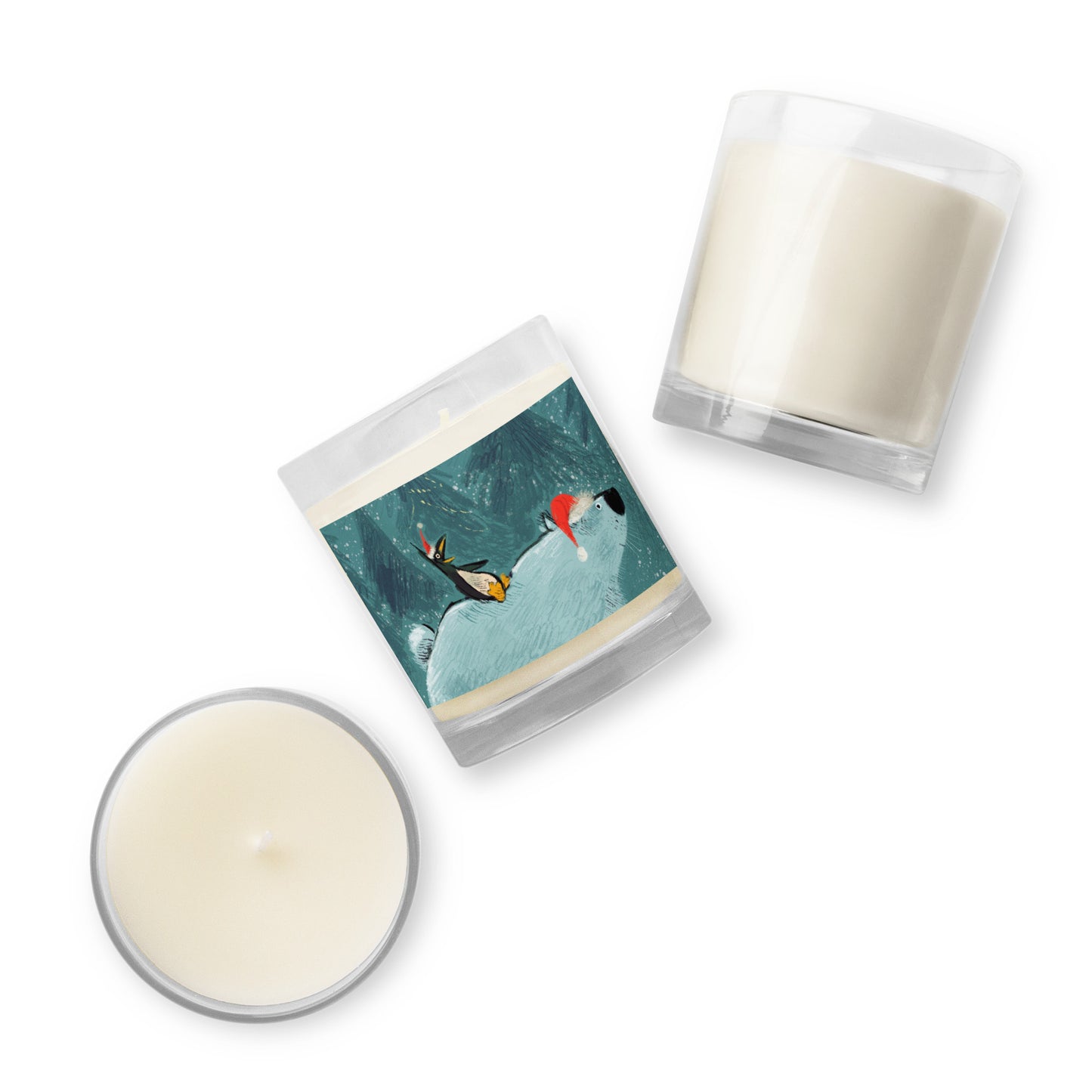 "Polar Bear and Penguin Soy Wax Candle in Glass Jar - Hand-Drawn by Leo Matsuda | Festive Christmas Candle"