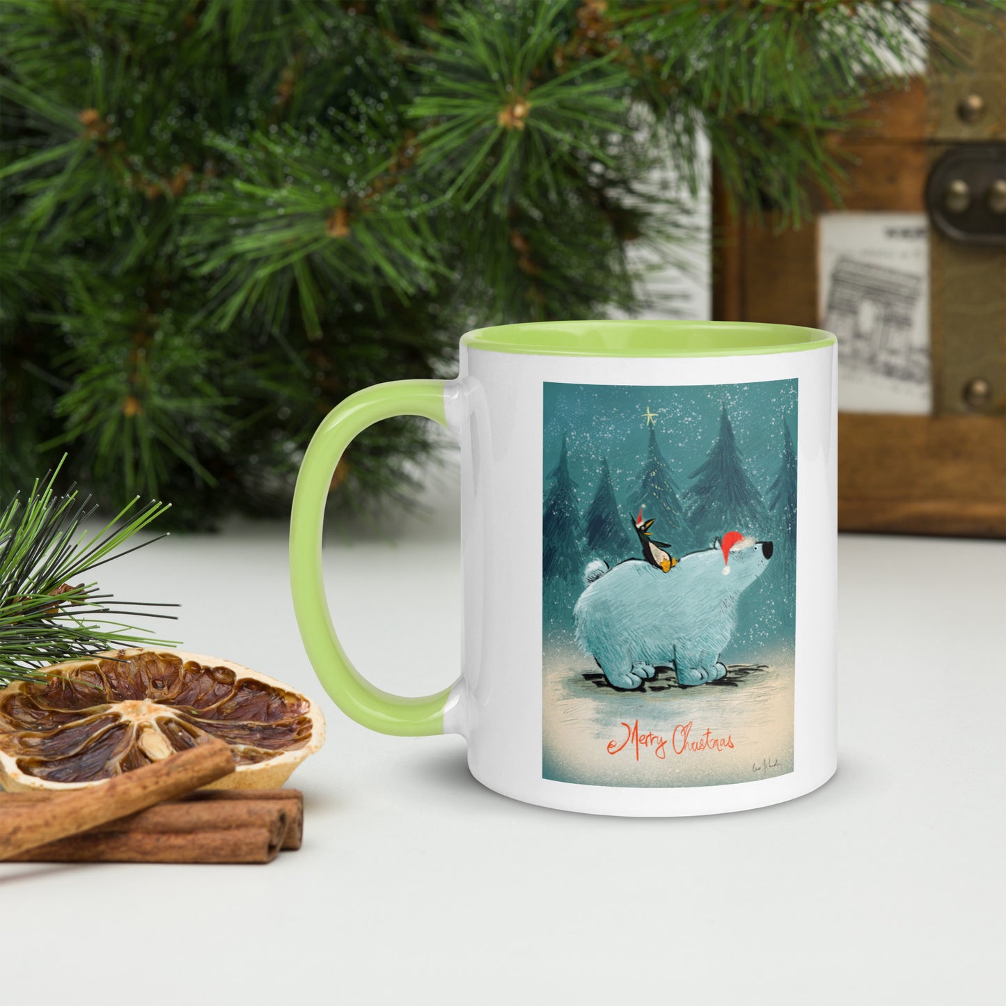 "Polar Bear and Penguin Mug with Color Inside - Hand-Drawn by Leo Matsuda | Festive Christmas Mug"